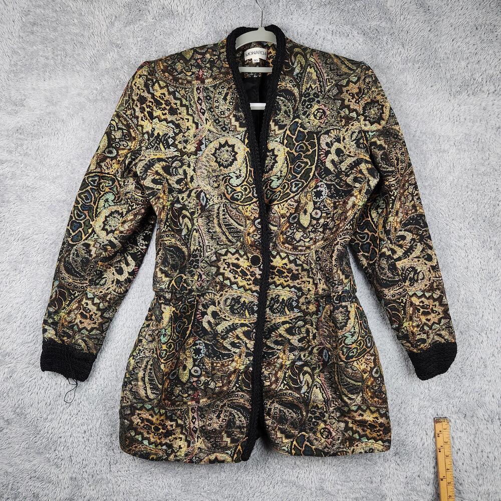 Vintage Monarch Coat Womens 10 Paisley Metallic Tapestry Collarless USA 80s 90s